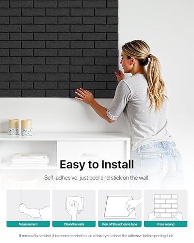 Image of Soundproof Wall Panels Self-Adhesive, Acoustic Panels 12 Pack Brick Wall Panels, High Density Sound Dampening Panels for Walls, Office,Reccording Studio, Ceiling 12 inch X 12 inch X 0.4 inch Black
