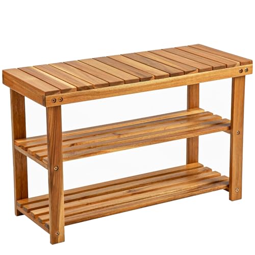 BEEFURNI Acacia Shoe Rack Bench, 3-Tier Sturdy Shoe Storage Bench, Wooden Footwear Organizer, 300 LBS Load Capacity, Perfect for Closet Entryway Bathroom, 1-Year Manufacturer Warranty, Natural Acacia