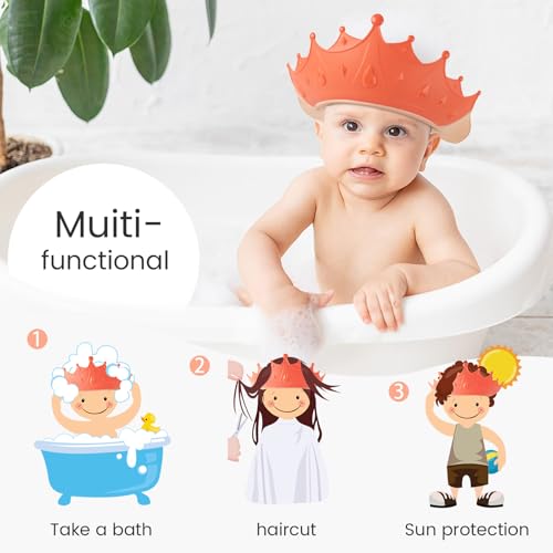 Image of FUNUPUP Kids Shower Cap, 2 Pack Adjustable Toddler Hair Washing Bathing Cap Shield Visor Shampoo Cap Protect Baby Eyes (Crown, Pink and Yellow)