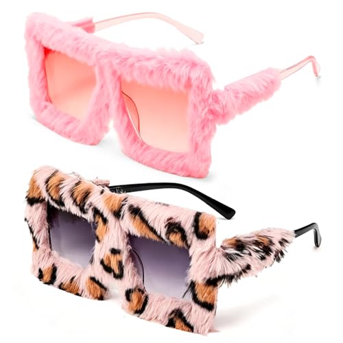 GgiAvbn Lustige Sonnenbrille 2er Set Plüsch Oversize Partybrille Damen Herren Sonnenbrille Lustig Flauschig Leopardenmuster Pink Lustige Brillen Festival Accessoire Lustige Sonnenbrillen
