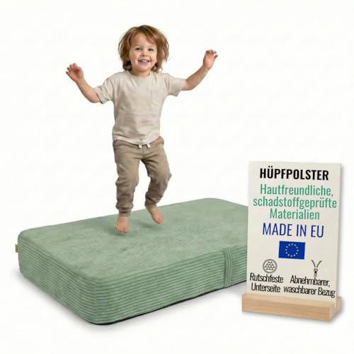 Pillows24 Hüpfpolster für Kinder Indoor | Hüpfkissen 70x110x17 cm mit Federn & Schaumstoff | Kindertrampolin für Zuhause | Hüpfmatte mit abnehmbarem Cordbezug | Trampolin Indoor Kinder | Grün