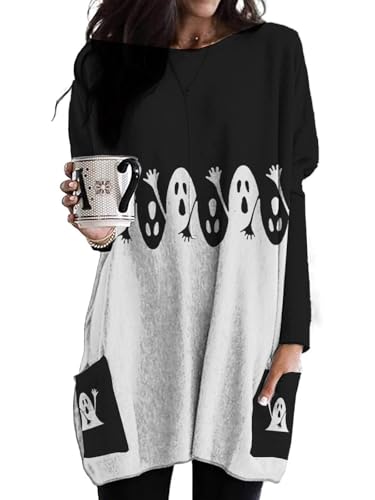NOVEPT Womens Halloween Funny Ghost Printed Shirt Dress, Cute Boo Spooky Season Fall Sweatshirt for Women (Spooky, XL)