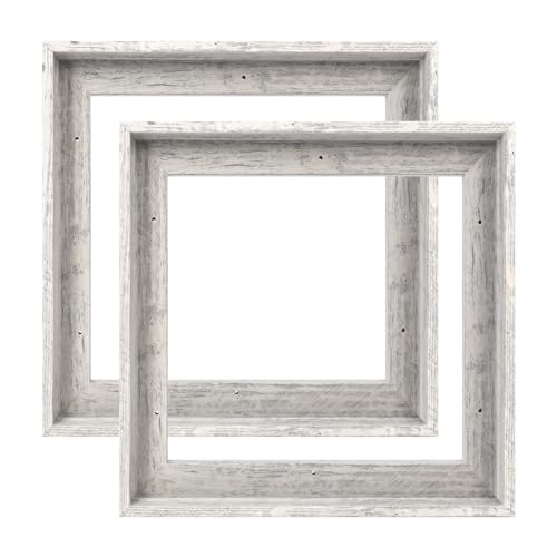 Image of Farmhouse 8x8 Canvas Frame for Wall Art Painting,Distressed White | 0.9 inch Deep,Set of 2,Easy Framing,Floating Frames for Artists Designer Family Prints,Farmhouse Cottage Home Hallway Wall Decor
