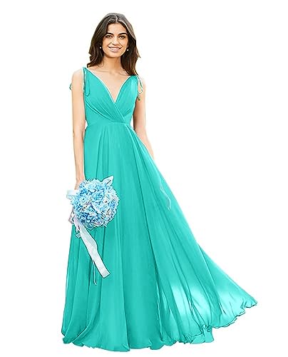 Image of HSFIYAKJ Bridesmaid Dresses Long Chiffon Formal Dress Open Back V Neck Evening Prom Gown for Women with Pockets