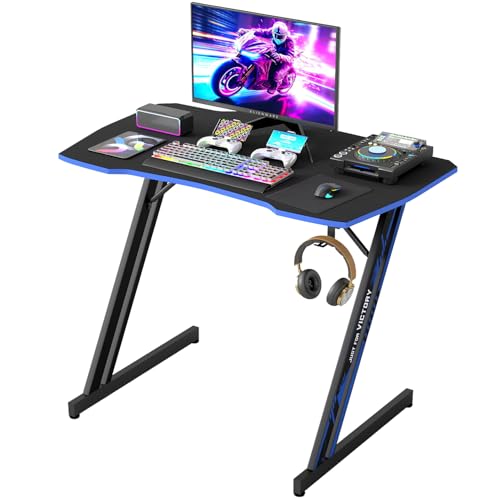 Image of BestOffice Gaming Desk 35 in PC Computer Desk Z Shaped Gaming Workstation Ergonomic Gaming Table with Headphone Hook for Home Office,Black&Blue