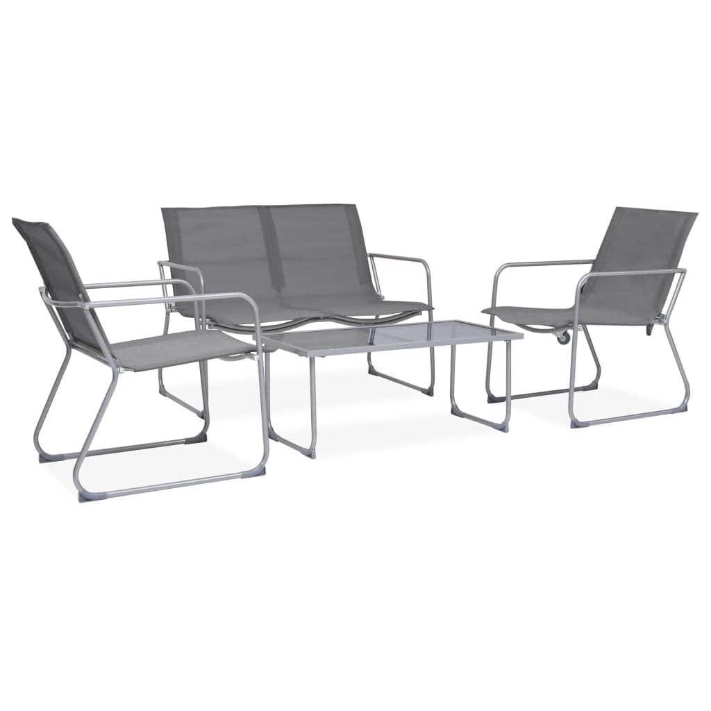 4-częściowy zestaw wypoczynkowy ogrodowy, tkanina i stal, szary, wygodne krzesła tekstylne, 1 sofa, kanapa, stół ogrodowy ze szklanym blatem, na taras, balkon, werandę, meble outdoorowe