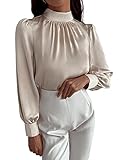 SOLY HUX Women's Mock Neck Puff Long Sleeve Satin Silk Work Top Blouse Beige M