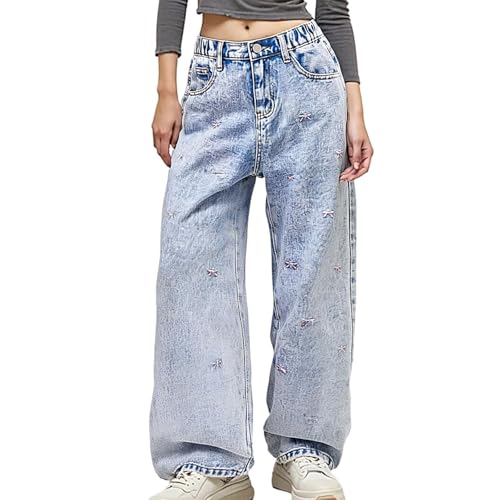Bow Jeans for Girls Wide Leg Kids Baggy Denim Pants High Waisted Cute Clothes Y2k Outfits Streetwear with Pockets 6-14Y2