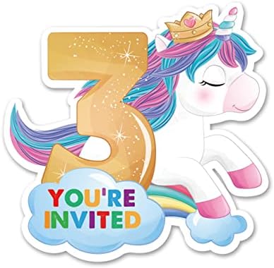 Cute Unicorn 3rd Party Invitations with Envelopes, 20 Set Unicorn Three Shaped Invitations Girl Third Birthday Kids Party Invites Supplies Favors, Double-Sided