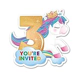 Opomzk Cute Unicorn 3rd Party Invitations with Envelopes, 20 Set Unicorn Three Shaped Invitations Girl Third Birthday Kids Party Invites Supplies Favors, Double-Sided