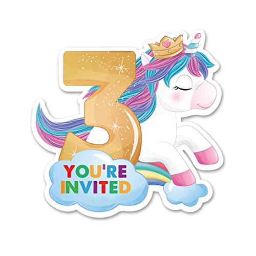 Cute Unicorn 3Rd Party Invitations With Envelopes, 20 Set Unicorn Three Shaped Invitations Girl Third Birthday Kids Party Invites Supplies Favors, Double-Sided #TOP21