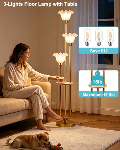Image of Lightdot Flower Floor Lamp for Living Room Dimmable Vintage Floor Lamp with Shelf& Bulbs Included Mid Century Gold Floral Standing Tall Lamp with 5Lbs Heavy Base for Bedroom /Sofa Beside /Corner Decor