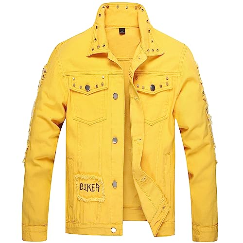 Image of LZLER Men's Denim Jackets Distressed Destroyed Classic Vintage Slim Fit Ripped Fashion Trendy Trucker Jean Jackets