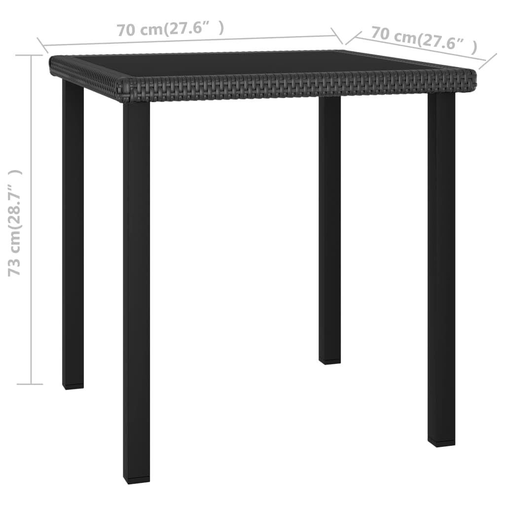 Mesa de comedor de jardín negra de 70 x 70 x 73 cm, polirratán con tapa de cristal templado, estructura de acero resistente, ideal para terraza, balcón y jardín