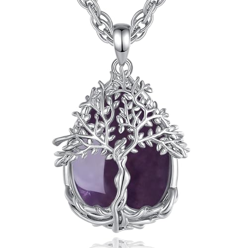 AEONSLOVE Collier Arbre de Vie avec Amethyste Pendentif en Améthyste Naturelle Pendentif Arbre de Vie Femme Cristal de Guérison Bijoux Pierre de Protection...