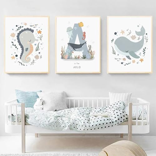 3 Laminas de Animales Marinos 30X40CM Poster Personalizado Bebe Ballenas Cuadros Habitación Infantil Niño Lienzo Infantil Azul Laminas Decorativas Pared Niños sin Marco