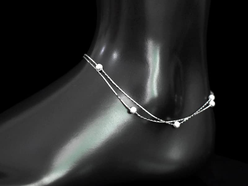 CMBSSTFC 925 Sterling Silber Doppelschichtige mattierte Perlen Fußkettchen Damen Kleiner Anhänger Strand Fußkette Schmuck, OZZKI
