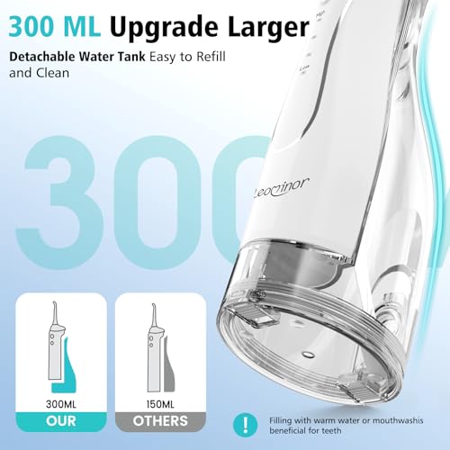 leominor water dental flosser pick for teeth 300ml portable oral irrigator upgraded tank removableipx7 waterproof rechargeable travel teeth cleaner professional electric flossing white