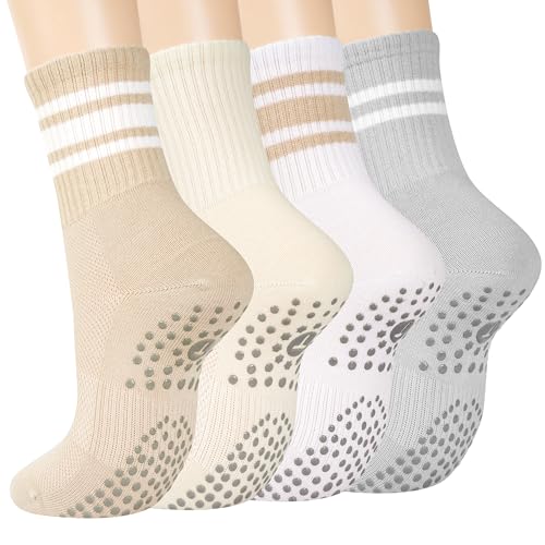 Caldodo Pilates Yoga Calcetines Mujer 39-42, 4 Pares Stoppersocken Antideslizante con Noppen para Trampolin, Barre, Fitness, Hospital, Hogar, caqui, 39-42