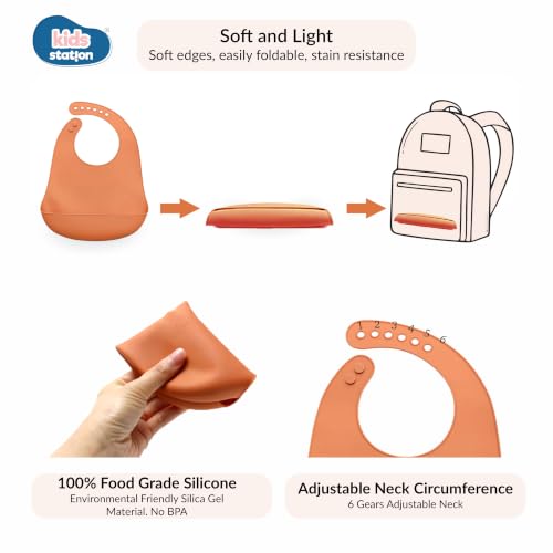 Image of Kids Station Silicone Baby Bib for Feeding & Weaning BPA Free, Soft Adjustable Neckline with Buttons, Washable & Reusable, Ideal for Babies & Toddlers 6 to 36 Months - Orange