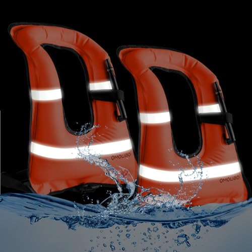 Meooeck 2 Pcs Snorkeling Vest for Adults Safety Inflatable Snorkel Vest for Swim Kayaking Swimming Diving Surfing, Load up to 220 Ibs(Reflective Tape,Orange,S-M)