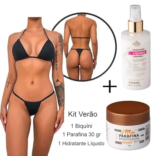 Biquíni Marquinha de Fita Pretinho Básico + Parafina Bronzeadora Gold 30 gr + Hidratante Spray Pós S