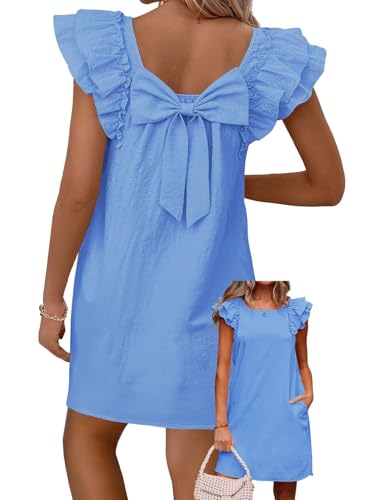 Image of Falechay Womens Summer Dresses Bow Tie Back Sundresses for Women Ruffle Short Sleeve Dress Casual Cute Sundress with Pockets
