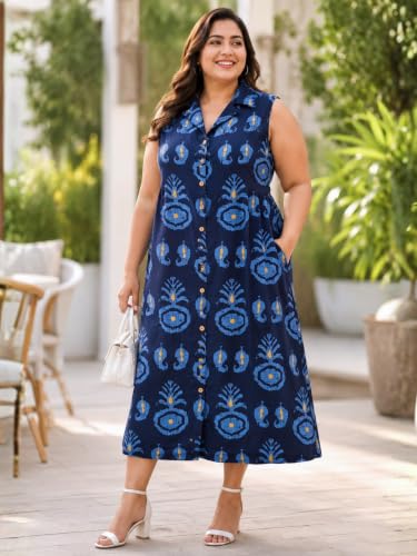 Image of Indietoga Women Plus Size Printed Cotton Midi A-line Dress (XL to 7XL)