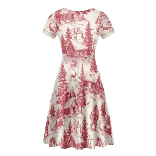 Image of POLERO Women Puffy Swing Elegant Party Midi Dresses Short Sleeve Round Neck A-Line Dress