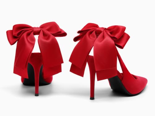 Image of Coutgo Womens Slingback High Heels with Bow Closed Pointed Toe Wedding Bride Dress Shoes Satin Pumps