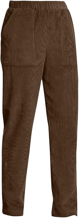 Corduroy Pants for Women Elastic High Waist Pull On Straight Leg Slacks Casual Fall Trousers with Pockets2