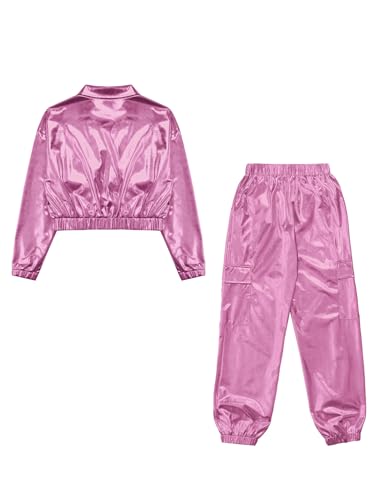 Kids Girls Metallic Dance Outfit Sparkly Jacket and Jogger Cargo Pants Shiny 2 Piece Jazz Hip Hop Dancewear4