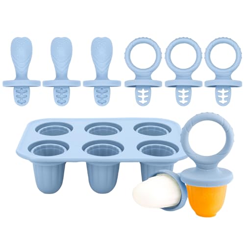 Cotabacuco moldes para helados de silicona, ayuda para la dentición, 6 compartimentos con capacidad de 17ml, para puré de bebé, leche materna y fruta, sin BPA, azul grisáceo