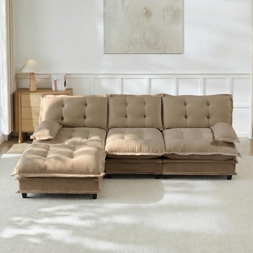 Image of 107 inch L-Shaped Sectional Couches for Living Room, Light Coffee 3 Seater Modern Chenille Deep Seat Sofa Set, Salas para Casa, High Back Cloud Couch Modular Sectional Sets with Ottoman