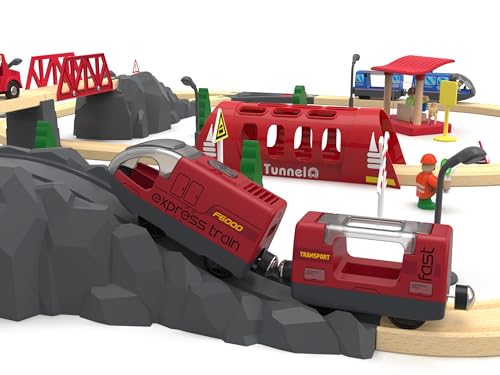 Toy Train Set Remote Control Locomotive Trains, Motorized Train for Wooden Track, Electric Train and Tunnel with Sound & Lighting Effect, Magnetic Trains Compatible with Thomas, Brio, Chuggington