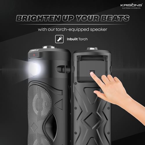 Image of Krisons Cylender 111 50W Portable Speaker with 4 inch Double Woofers, Free Wired Mic for Karaoke, in Built Torch, Remote Control with Bluetooth, FM, USB, Micro SD Card Connectivity (Black)