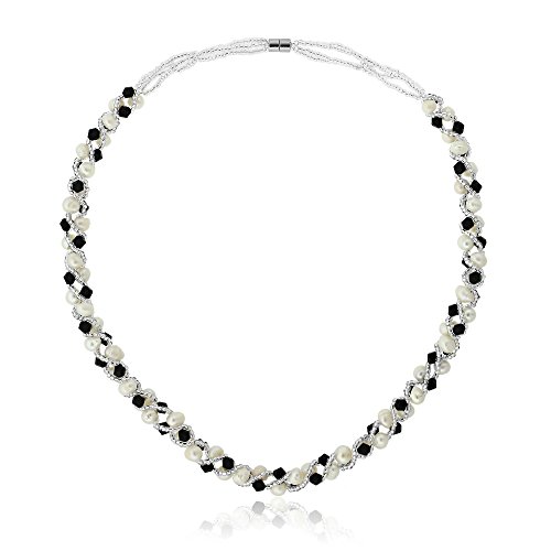 Gem Stone King White Cultured Freshwater Pearl and Black Crystal Necklace Bracelet Wedding Jewelry Set For Women | Necklace 17 Inch | Bracelet 7 Inch4