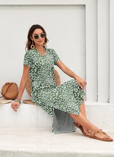 Image of MISFAY Womens Maxi Dress Short Sleeve V Neck Loose with Pockets | Soft stretchy breathable, v neck loose fit, side split hem, two side pockets, casual daily beach vacation travel dress
