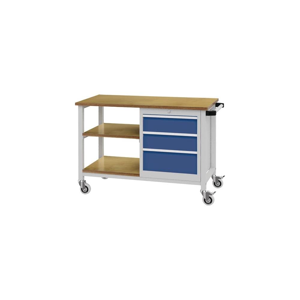 Banco da lavoro in legno di faggio, larghezza 1200 x profondità 540 x altezza 880 mm, Multiplex grigio chiaro/blu segnaletico, 4 cassetti