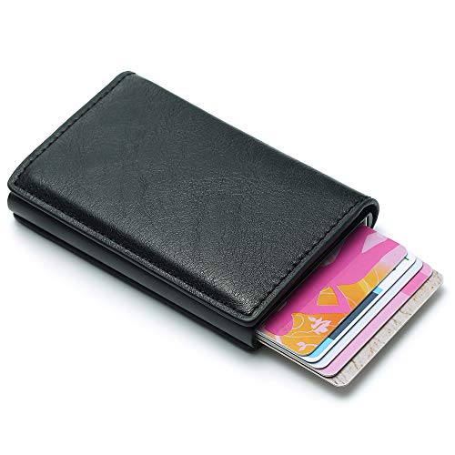 RFID Card Protector Blocking Auto Pop up Aluminum Leather Unisex High Capacity Card Holder