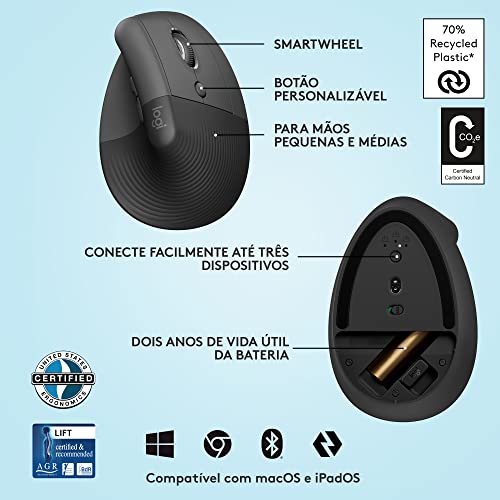 Image of Logitech Lift Vertical Ergonomic Mouse, Wireless, Bluetooth or Logi Bolt USB Receiver, Quiet clicks, 4 Buttons, Compatible with Windows /macOS /iPadOS, Laptop, PC - Graphite (Pack of 4)