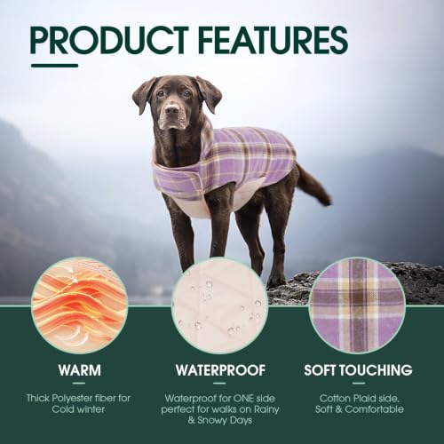 Image of Kuoser Waterproof Dog Coat, Warm Reversible Dog Jacket with Leash Hole | Soft Cozy Dog Cold Weather Coats for Rainy Snow Days, Lightweight Jacket for Meduim Dogs, Xmas Dogs Snowsuit Lavender L
