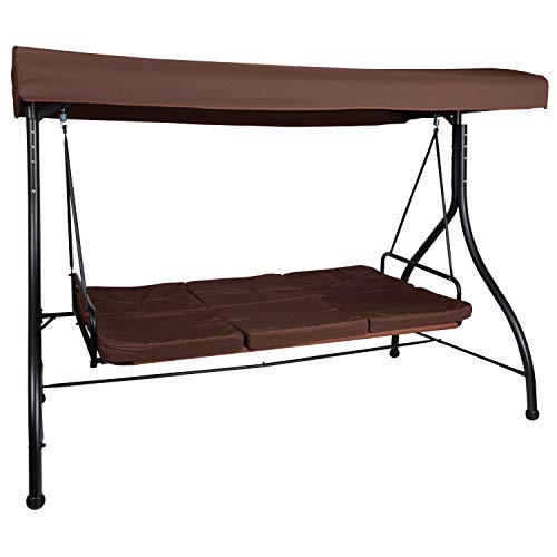 Bizchair 3-Seat Outdoor Steel Converting Patio Swing Canopy Hammock With Cushions / Outdoor Swing Bed (Brown) #TOP5