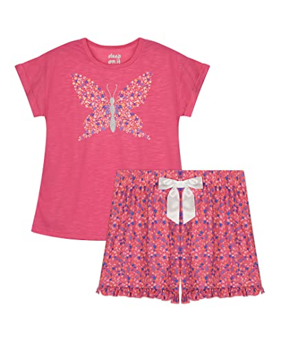 Sleep On It Girls Pajamas Short Sets 4 Piece Tank Top And Short Sleeve Summer Sleepwear For Kids (2 Full Sets) (14-16, Fuchsia-Aqua) #TOP3
