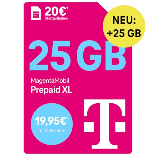 Telekom MagentaMobil Prepaid XL mit 50 GB Highspeed-Volumen | 5G/LTE Max & Allnet Flat in alle dt. Netze | unverbrauchtes Datenvolumen weiter nutzen | EU Roaming & Hotspot Flat | 20 EUR Startguthaben Telekom MagentaMobil Prepaid XL mit 50 GB Highspeed-Volumen | 5G/LTE Max & Allnet Flat in alle dt. Netze | unverbrauchtes Datenvolumen weiter nutzen | EU Roaming & Hotspot Flat | 20 EUR Startguthaben