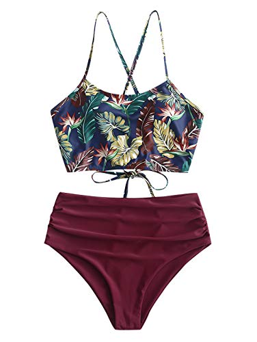ZAFUL Women's Leaf Print Lace Up Ruched High Waisted Tankini Set Swimsuit