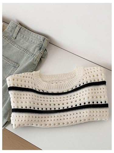SHENHE Girl's Striped Sweater Hollow Out Crew Neck Loose Knit Crop Top Sweater Pullover3
