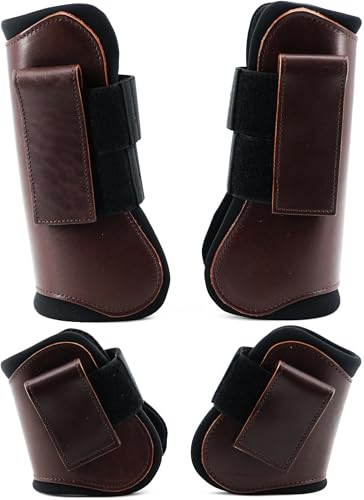 QMYBROW Horse Tendon Brushing Boots Open Front & Fetlock Boot | Protective Gear and Training Equipment |Neoprene,Breathable Waterproof Fabric and Genuine Leather | 4 Set (Coffee, Cob (Medium))