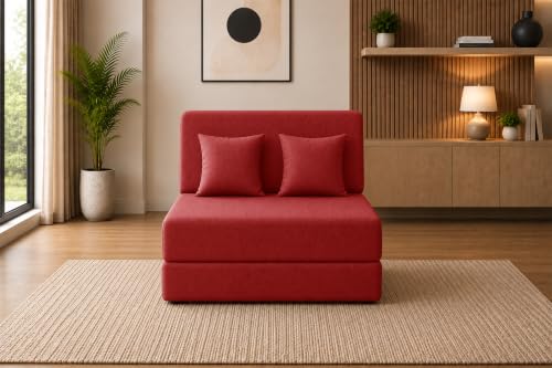 Image of Sofa Cum Bed with Jute Fabric, Convertible One Seater Sofa Bed 3x6 Ft, Comfortable Cushioned Seating, Space Saving Design for Living Room, Bedroom & Guest Room - Red Color