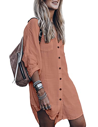 Image of Women's Swimsuit Cover up,Silky Button Down Shirt Midi Dress Kimono,Summer Bathing Suit Beach Coverups for Women (CP-Aline)